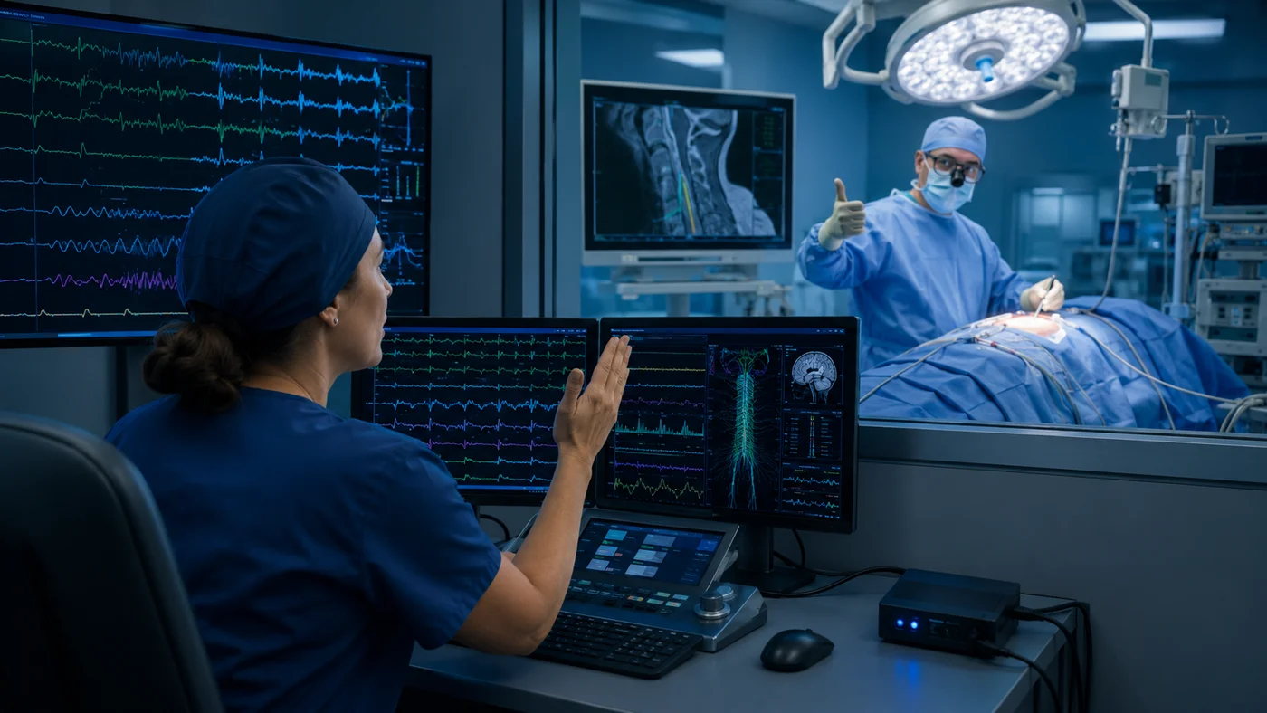 Illustration of a monitoring professional communicating with a surgeon while reviewing neurophysiological recordings